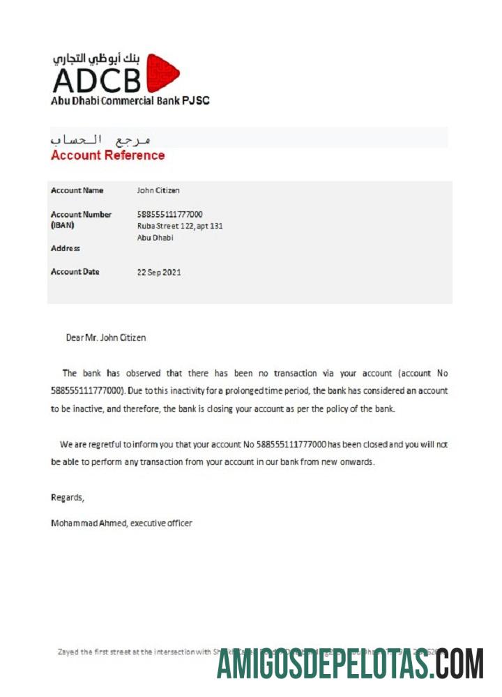 Referência de fechamento do banco ADCB dos Emirados Árabes Unidos exemplo